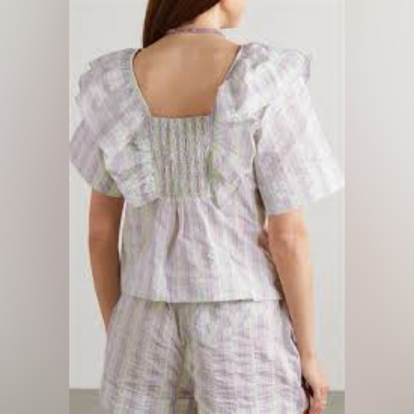 Ganni Ruffled Striped Recycled Seersucker Top NWT - Picture 2 of 7